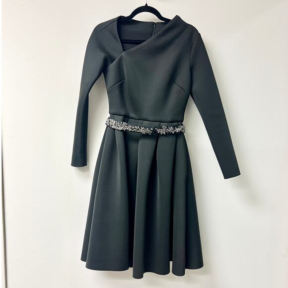 Badgley Mischka Asymmetric Neck Belted Pleated Fit & Flare Dress Black Women's 2 - Picture 1 of 4